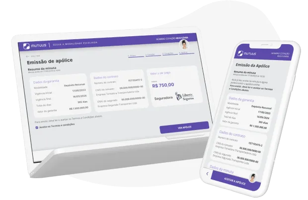 Como cotar seguro empresarial? Na imagem, representação da plataforma de cotação de seguro da Mutuus Seguros em sua versão mobile e de computador, ambas facilitando a emissão da apólice de seguro para empresas.