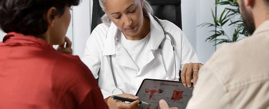 Quais doenças são consideradas graves para o seguro de vida? Na imagem, casal presta atenção na explicação da médica sobre diagnóstico que dá direito ao seguro para doenças graves