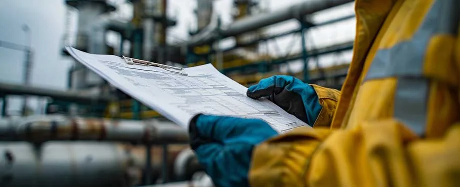 Como acionar o seguro de riscos de petróleo? Na imagem, engenheiro com prancheta representa seguro petróleo, que pode ser acionado a partir do contato com a seguradora responsável