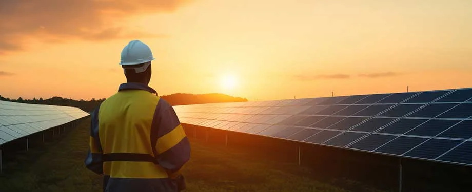 Como contratar seguro garantia compra e venda de energia? Na imagem, engenheiro com placa solar representa seguro que pode ser contratado com corretora de seguros