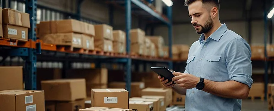Homem em depósito verificando dados do estoque com seu tablet ilustrando a ideia de seguro garantia fornecedor