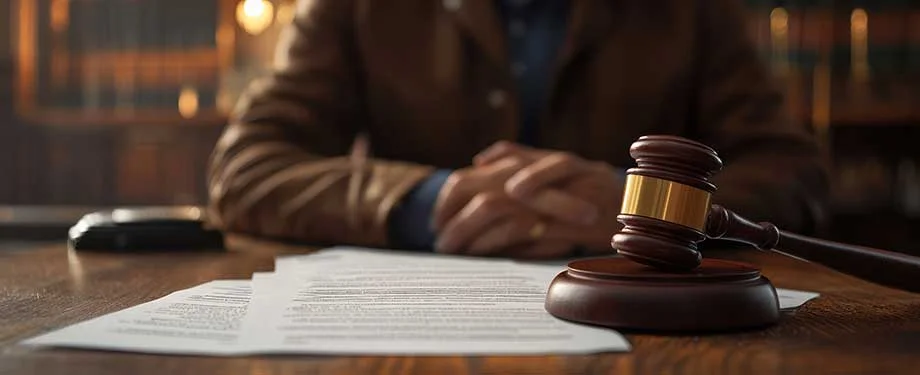 Martelo de justiça de madeira posicionado ao lado de papéis impressos sobre mesa de escritório, simbolizando garantias contratuais em alusão ao seguro judicial cível
