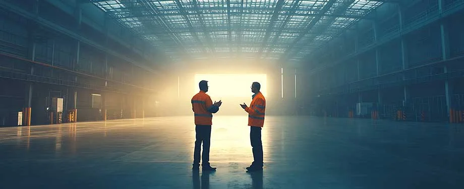 Como contratar o seguro para galpão? Na imagem, homens conversam em galpão, que pode ser protegido com seguro contratado com auxílio de corretor de seguros