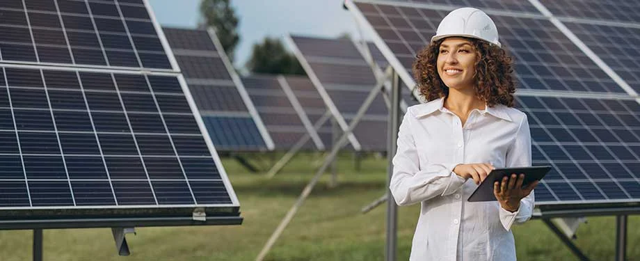 Como contratar seguro placas solares? Na imagem, engenheira cercada de placas solares em alus&atilde;o ao seguro que pode ser contratado de forma digital com corretoras como a Mutuus 