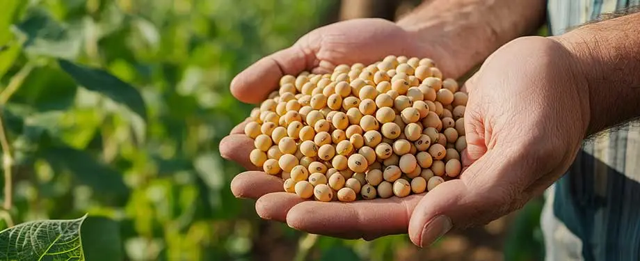 Qual &eacute; a melhor seguradora agr&iacute;cola do Brasil? Na imagem, vemos m&atilde;os cheias de soja em alus&atilde;o ao seguro soja, que pode ser contratado com as melhores seguradoras agr&iacute;colas com aux&iacute;lio de uma corretora de seguros 