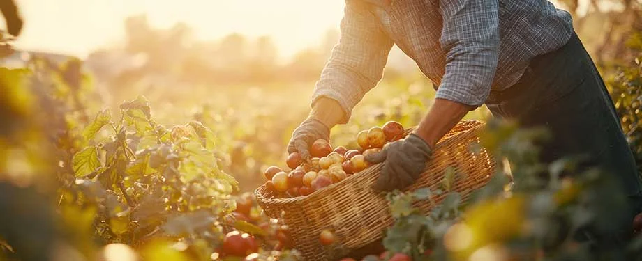 Quanto custa o seguro agrícola? Na imagem, agricultor colhendo frutos representa importância de proteger a produção com o seguro colheita garantida