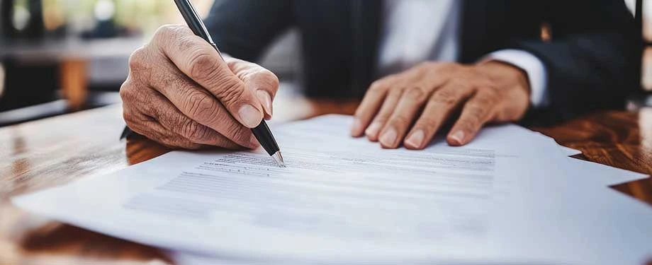 Como funciona o seguro garantia? Na imagem, pessoa assinando documento representa seguro garantia Finep, que assegura o cumprimento de contrato de financiamento Finep