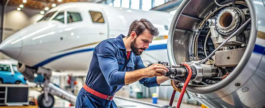 Como funciona o seguro para aeronaves? Na imagem, profissional faz manutenção em avião com cobertura do seguro casco, que protege contra danos físicos