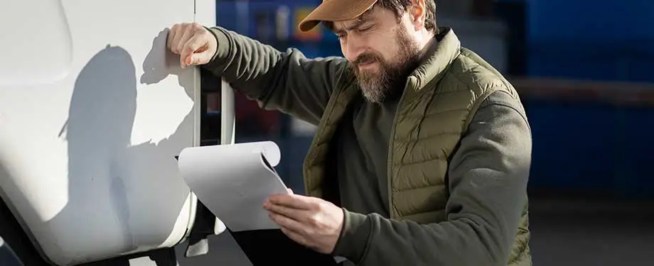 Qual o valor do seguro de um caminhão? Na imagem, transportador confere proposta de seguro caminhão, cujo valor depende de fatores como modelo do veículo e coberturas contratadas