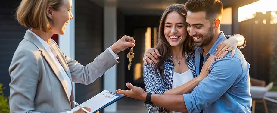 Como funciona o seguro fiança para aluguel? Na imagem, casal feliz pega chave de imóvel após contratar o seguro fiança aluguel 