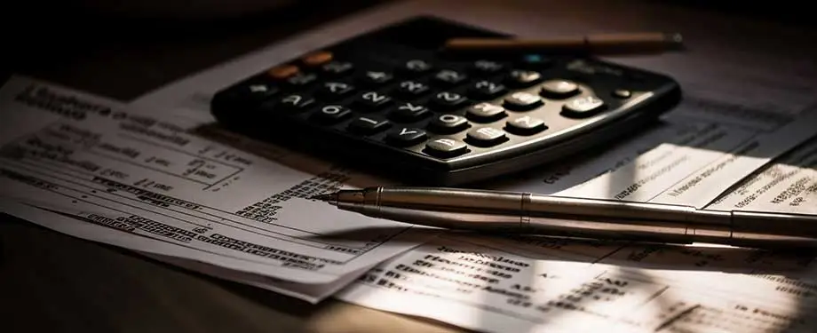 Como o seguro garantia funciona na execução fiscal? Na imagem, documentação, caneta e calculadora evidenciam a possibilidade de apresentar o seguro garantia para assegurar o pagamento de dívidas com a União