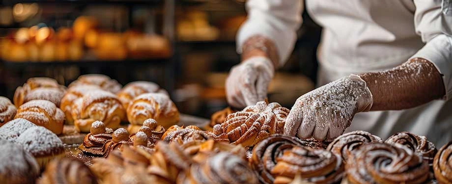 Como funciona o seguro para padaria e confeitaria? Na imagem, confeiteiro preparando doces evidencia o seguro padaria, que oferece coberturas para proteger o patrim&ocirc;nio 