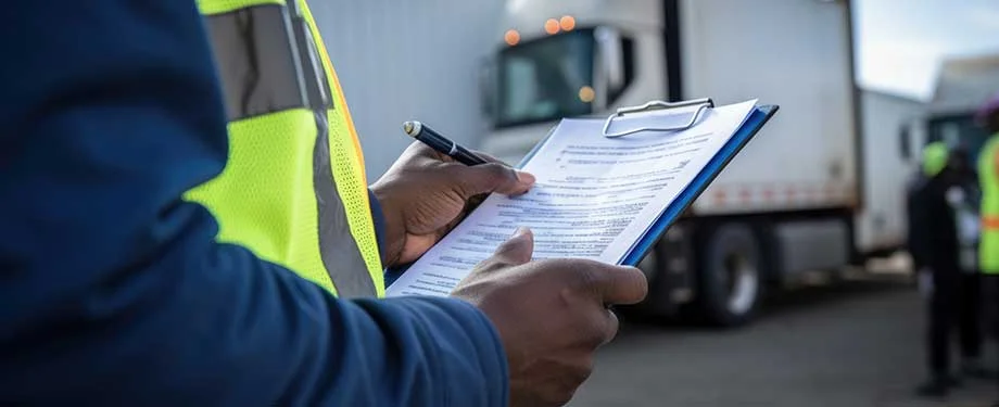 Como o PGR transporte se relaciona com o seguro de carga? Na imagem, transportador com prancheta em alus&atilde;o &agrave; rela&ccedil;&atilde;o entre o PGR e o seguro de carga, j&aacute; que ambos tem o objetivo de reduzir riscos nas opera&ccedil;&otilde;es 