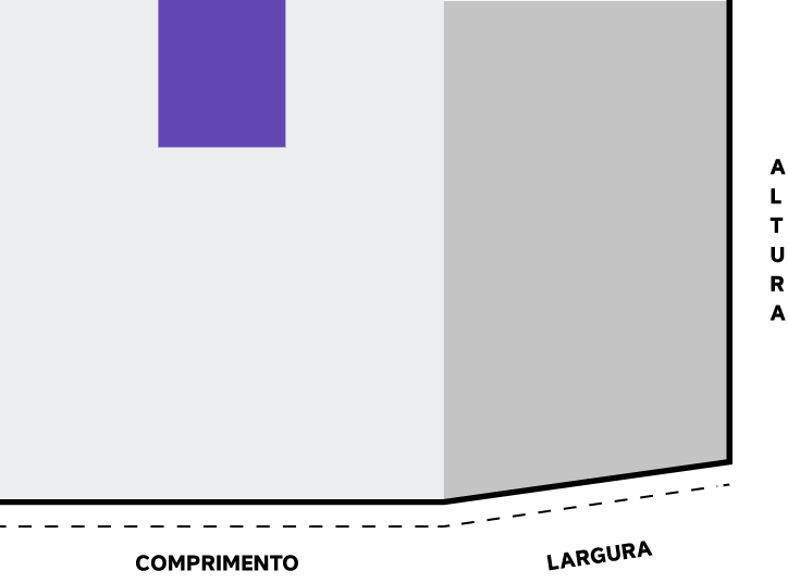 Caixa com descrição de comprimento e largura representando calcular cubagem