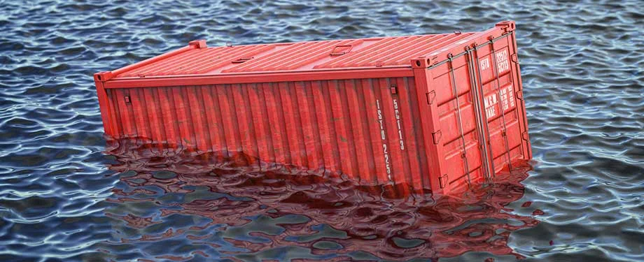 Qual &eacute; a a cobertura para avaria grossa? Na imagem, container afundando em alus&atilde;o ao seguro de carga que pode oferecer cobertura em situa&ccedil;&otilde;es como essa