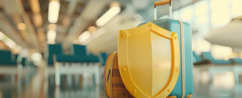 Qual &eacute; o melhor seguro viagem internacional para a Europa? Na imagem, malas e escudo no aeroporto representam seguro viagem internacional, que pode ser escolhido com aux&iacute;lio de uma boa corretora de seguros 
