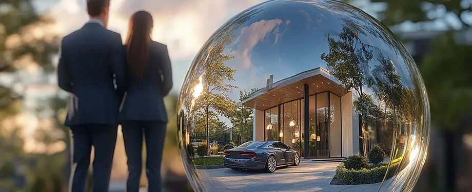 Qual o valor de um seguro imobiliário? Na imagem, casal olhando para casa evidencia a proteção que o seguro imobiliário oferece ao proprietário em caso de sinistros