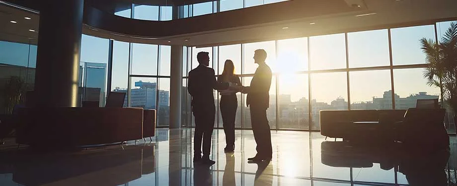 Qual o valor de um seguro empresarial? Na imagem, empres&aacute;rios em alus&atilde;o a seguradora empresarial, que oferece ap&oacute;lices cujo valor depende da modalidade do seguro, hist&oacute;rico de sinistros, coberturas e muitos outros fatores 