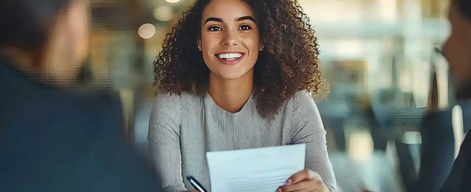 Como funciona seguro stop loss saúde? Na imagem, dona de empresa sorri com a tranquilidade de que o seguro protegerá em caso de despesas médicas que ultrapassem o limite