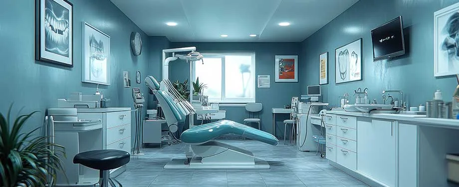 Consultório de clínica odontológica em tons verdes com bancadas e uma cadeira reclinável representando o seguro RC clinica odontológica