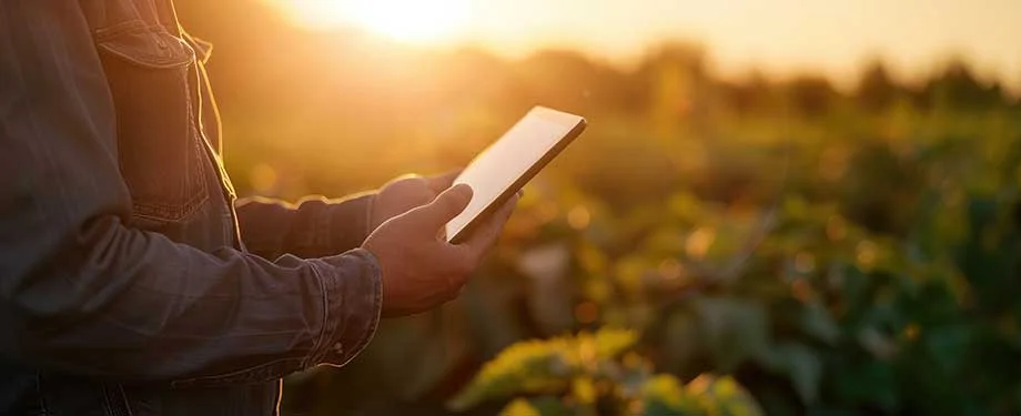 Produtor rural vestindo camisa jeans segura dispositivo móvel em produção rural no pôr do sol, em alusão ao seguro agrícola faturamento