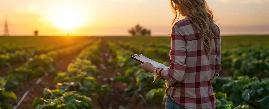 Produtora rural vestindo calça jeans e camisa xadrez vermelha em plantação, ilustrando o seguro agrícola faturamento