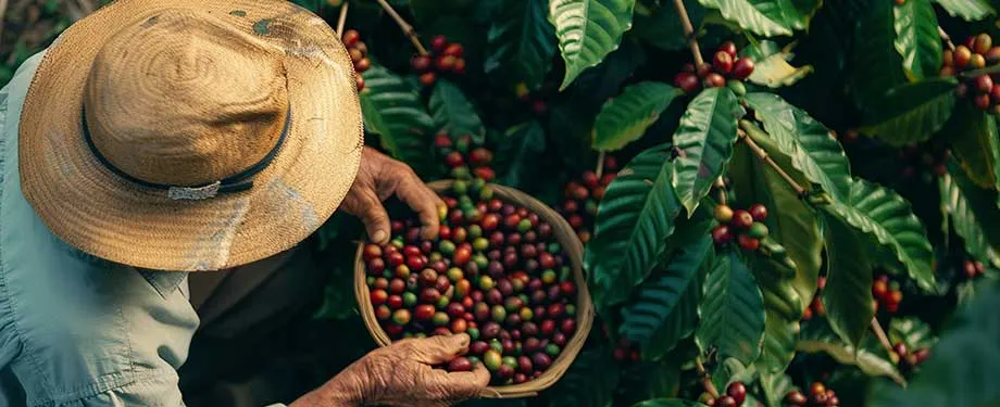Produtor rural vestindo camisa azul e chapéu de palha realiza colheita de café, representando o seguro cafezal