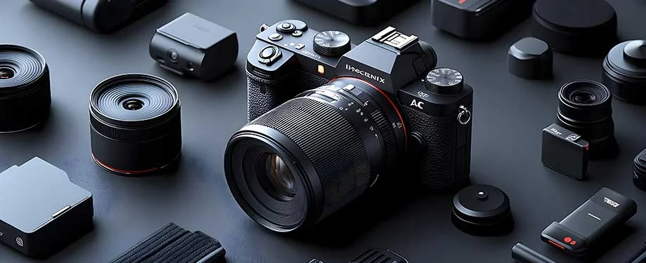 Câmera fotográfica profissional com diversos tipos de lentes em bancada preta, representando o seguro para câmeras fotográficas