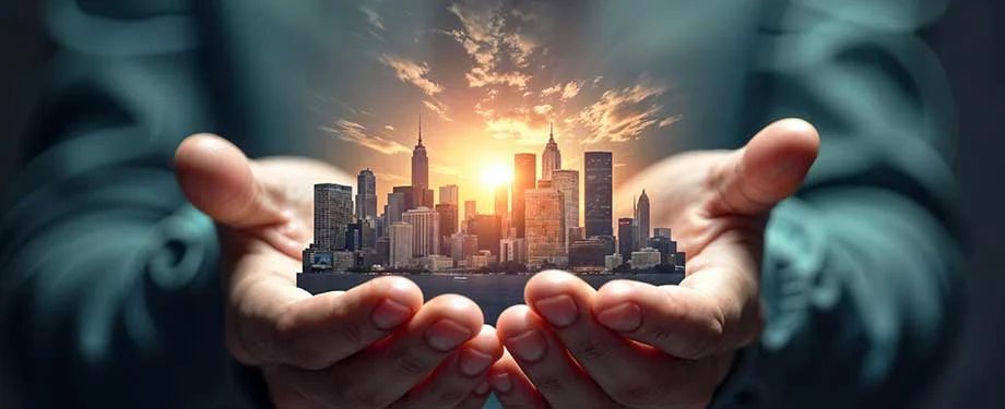 Mãos masculinas segurando prédios iluminados por pôr do sol, em representação à proteção do seguro predial